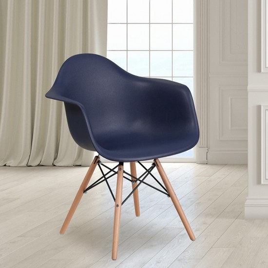 Alonza Series Navy Plastic Chair with Wooden Legs