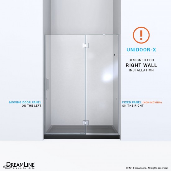 Unidoor-X 49 in. W x 72 in. H Frameless Hinged Shower Door in Brushed Nickel