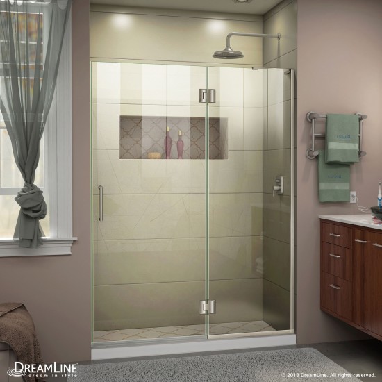 Unidoor-X 54 in. W x 72 in. H Frameless Hinged Shower Door in Brushed Nickel