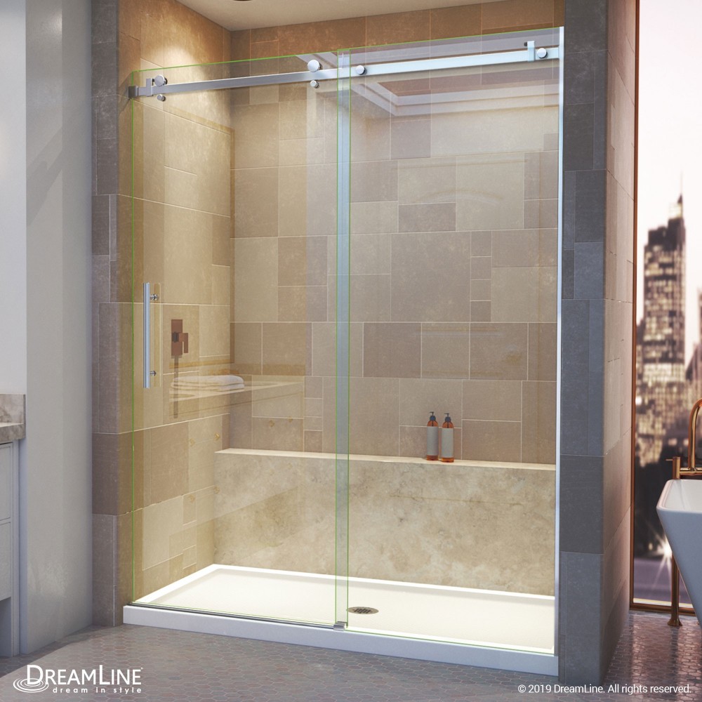 Enigma Air 56-60 in. W x 76 in. H Frameless Sliding Shower Door in Brushed Stainless Steel