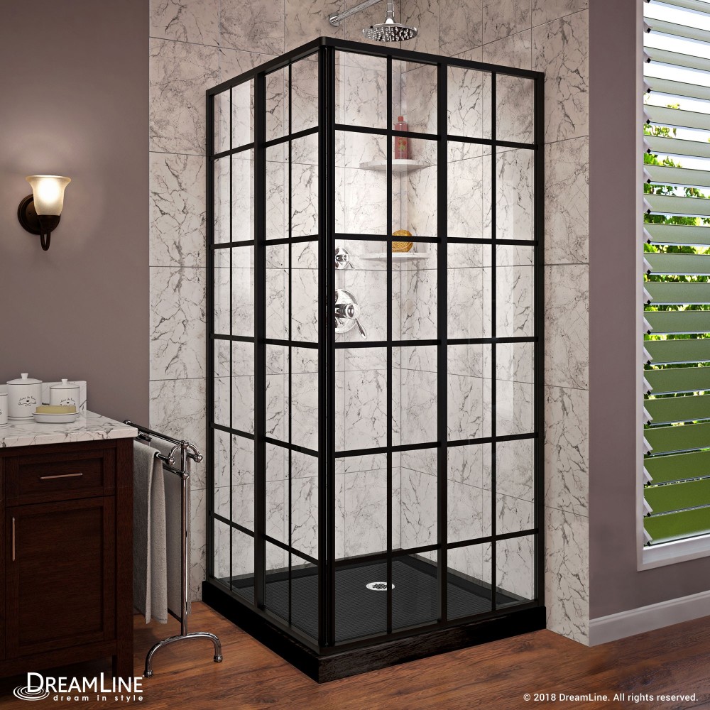 French Corner 36 in. D x 36 in. W x 74 3/4 in. H Sliding Shower Enclosure in Satin Black and Corner Drain Black Base Kit