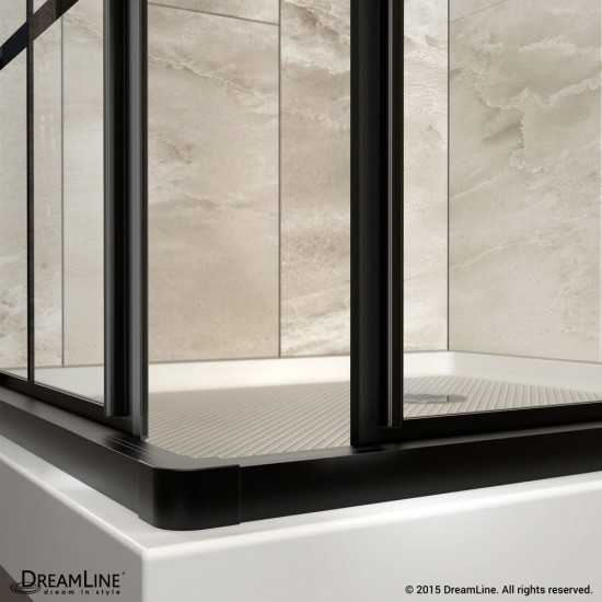 French Corner 36 in. D x 36 in. W x 74 3/4 in. H Sliding Shower Enclosure in Satin Black and Corner Drain Black Base Kit