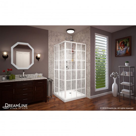 French Corner 36 in. D x 36 in. W x 74 3/4 in. H Sliding Shower Enclosure in White and Corner Drain White Base Kit