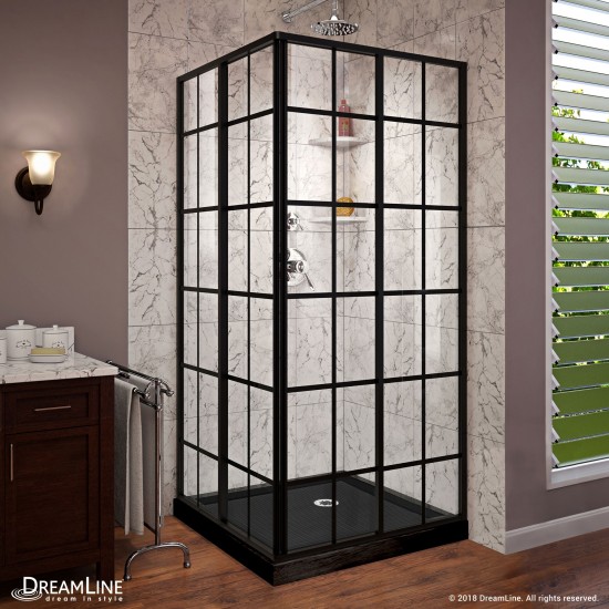 French Corner 42 in. D x 42 in. W x 74 3/4 in. H Framed Sliding Shower Enclosure in Satin Black and Black Acrylic Base