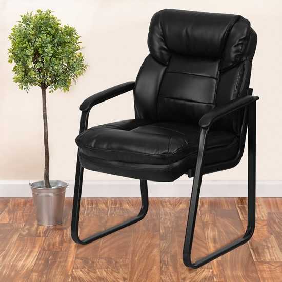 Black LeatherSoft Executive Side Reception Chair with Lumbar Support and Sled Base