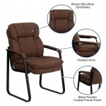 Brown Microfiber Executive Side Reception Chair with Lumbar Support and Sled Base