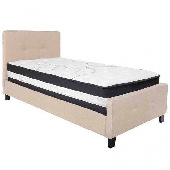 Tribeca Twin Size Tufted Upholstered Platform Bed in Beige Fabric with Pocket Spring Mattress