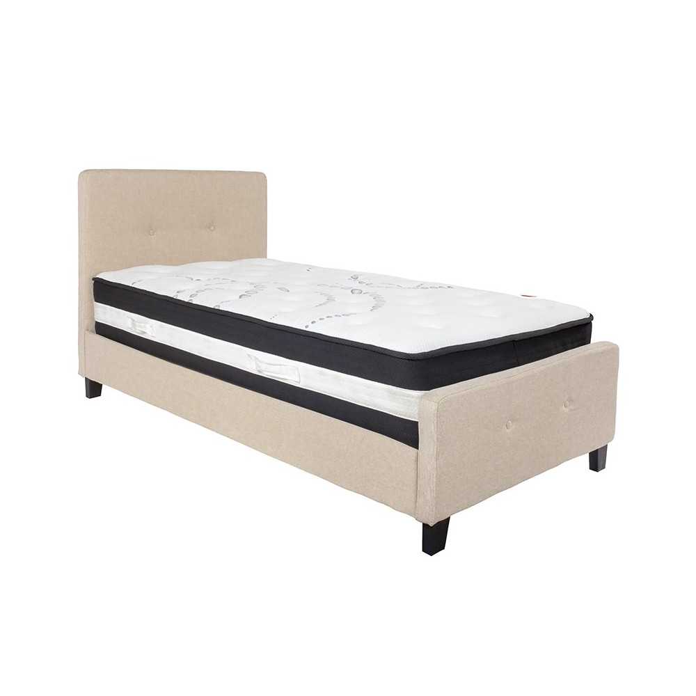 Tribeca Twin Size Tufted Upholstered Platform Bed in Beige Fabric with Pocket Spring Mattress