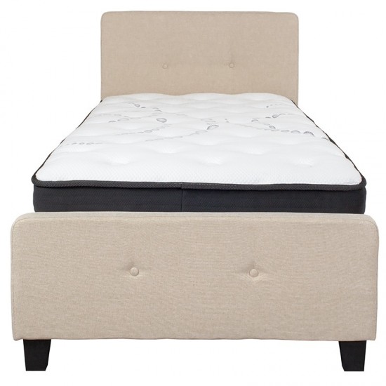 Tribeca Twin Size Tufted Upholstered Platform Bed in Beige Fabric with Pocket Spring Mattress