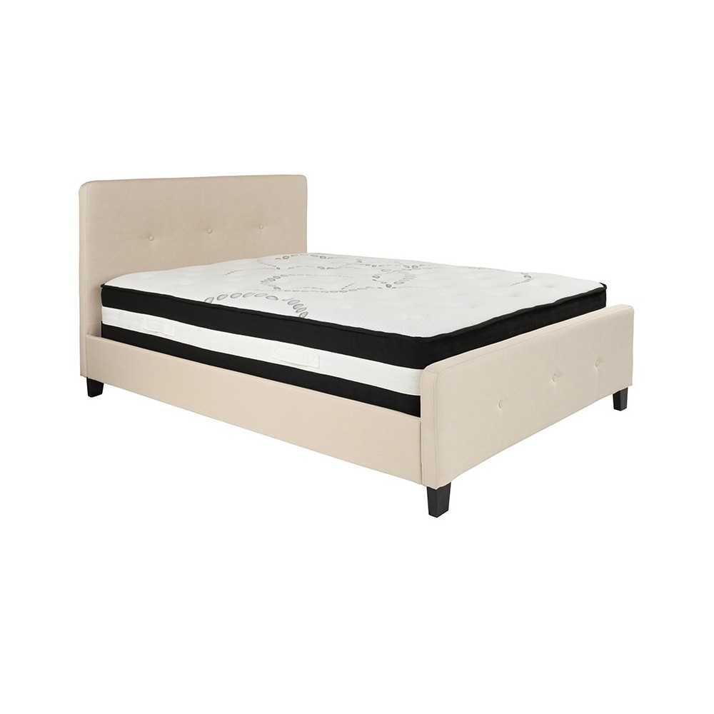 Tribeca Full Size Tufted Upholstered Platform Bed in Beige Fabric with Pocket Spring Mattress