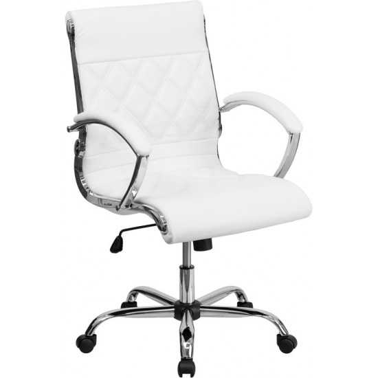 Mid-Back Designer White LeatherSoft Executive Swivel Office Chair with Chrome Base and Arms