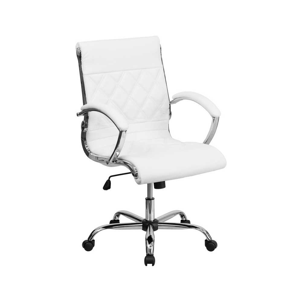 Mid-Back Designer White LeatherSoft Executive Swivel Office Chair with Chrome Base and Arms