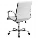 Mid-Back Designer White LeatherSoft Executive Swivel Office Chair with Chrome Base and Arms