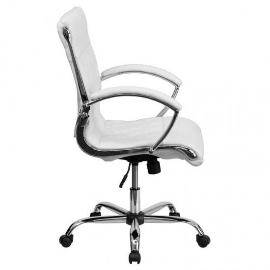 Mid-Back Designer White LeatherSoft Executive Swivel Office Chair with Chrome Base and Arms