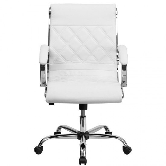 Mid-Back Designer White LeatherSoft Executive Swivel Office Chair with Chrome Base and Arms