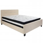 Tribeca Queen Size Tufted Upholstered Platform Bed in Beige Fabric with Pocket Spring Mattress