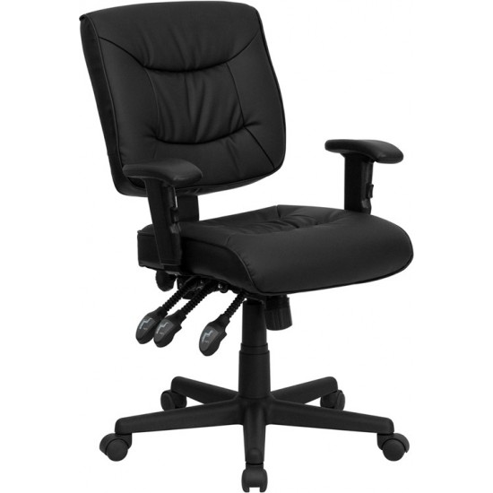 Mid-Back Black LeatherSoft Multifunction Swivel Ergonomic Task Office Chair with Adjustable Arms