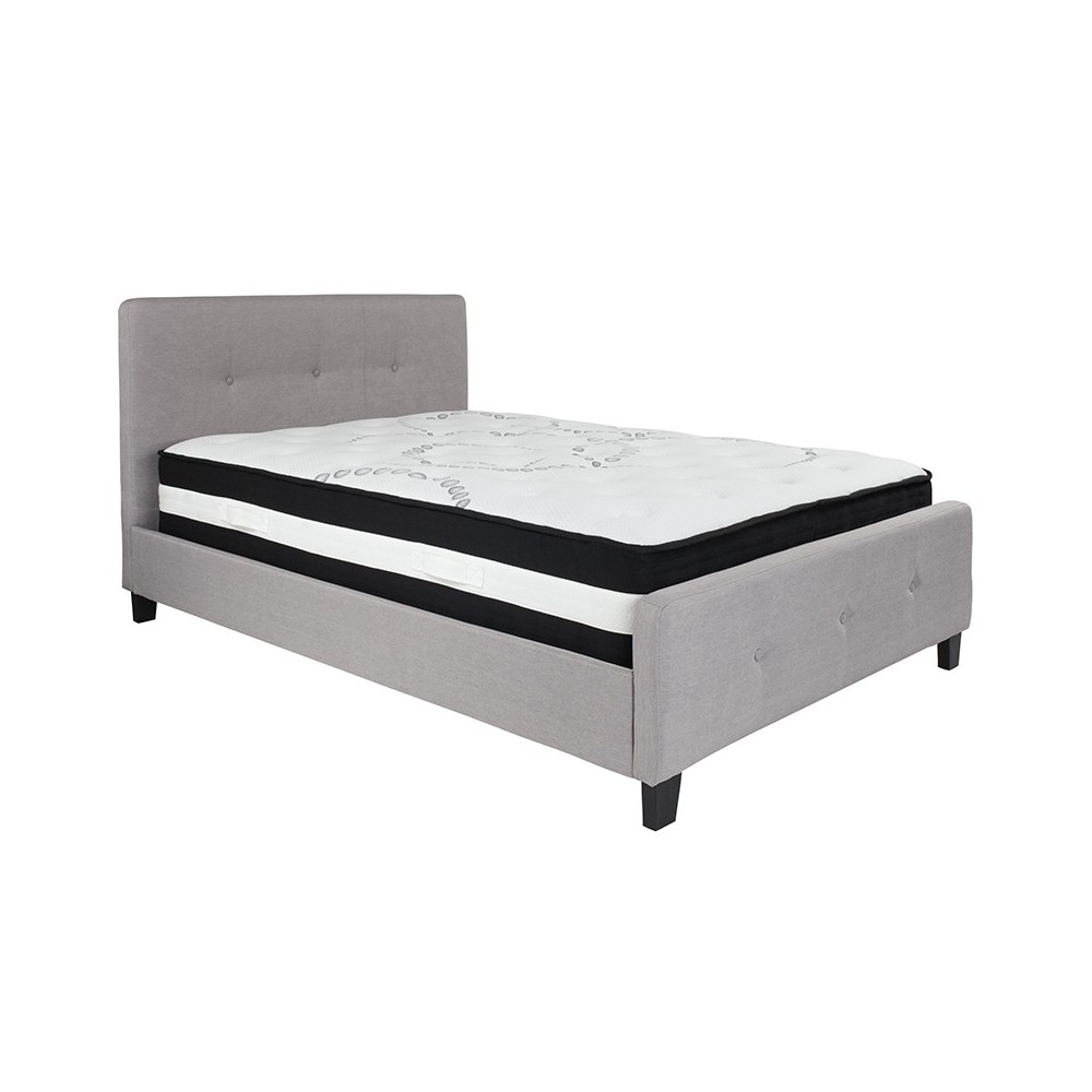 Tribeca Full Size Tufted Upholstered Platform Bed in Light Gray Fabric with Pocket Spring Mattress