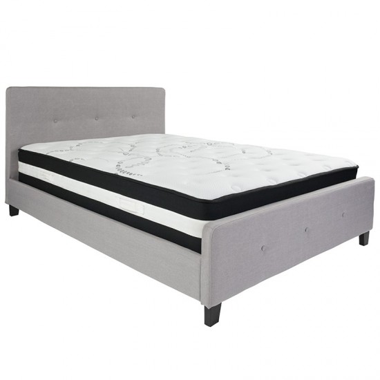 Tribeca Queen Size Tufted Upholstered Platform Bed in Light Gray Fabric with Pocket Spring Mattress