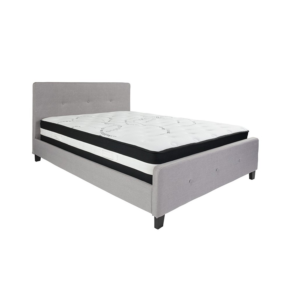 Tribeca Queen Size Tufted Upholstered Platform Bed in Light Gray Fabric with Pocket Spring Mattress