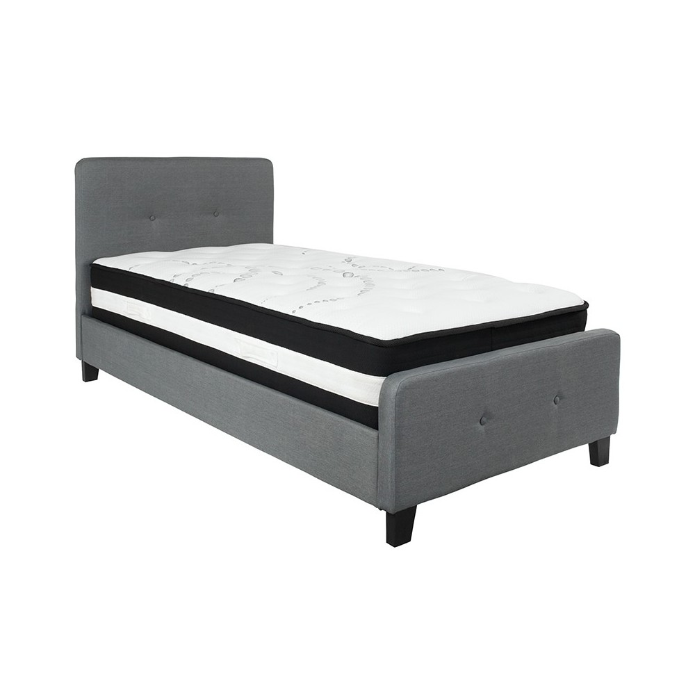 Tribeca Twin Size Tufted Upholstered Platform Bed in Dark Gray Fabric with Pocket Spring Mattress