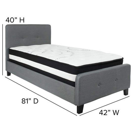 Tribeca Twin Size Tufted Upholstered Platform Bed in Dark Gray Fabric with Pocket Spring Mattress