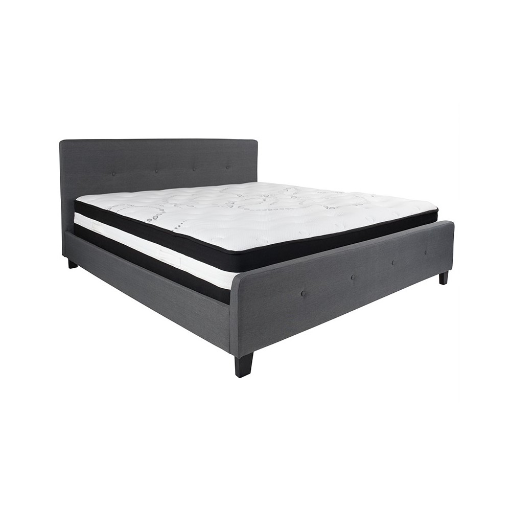 Tribeca King Size Tufted Upholstered Platform Bed in Dark Gray Fabric with Pocket Spring Mattress