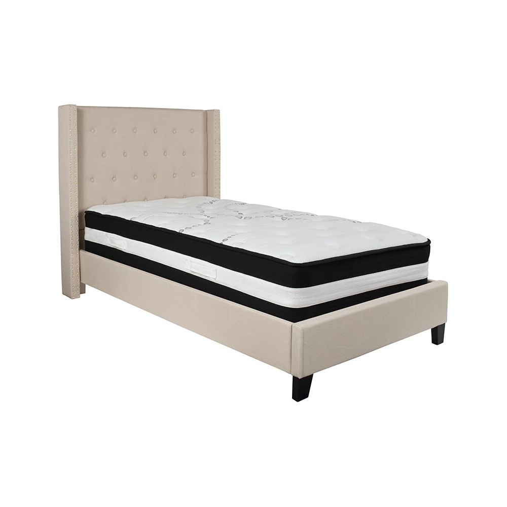 Riverdale Twin Size Tufted Upholstered Platform Bed in Beige Fabric with Pocket Spring Mattress