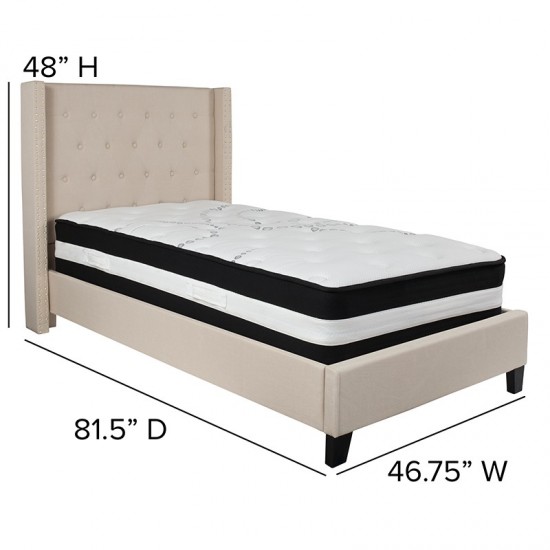 Riverdale Twin Size Tufted Upholstered Platform Bed in Beige Fabric with Pocket Spring Mattress