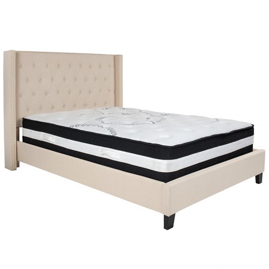 Riverdale Full Size Tufted Upholstered Platform Bed in Beige Fabric with Pocket Spring Mattress