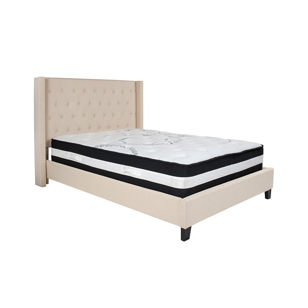 Riverdale Full Size Tufted Upholstered Platform Bed in Beige Fabric with Pocket Spring Mattress