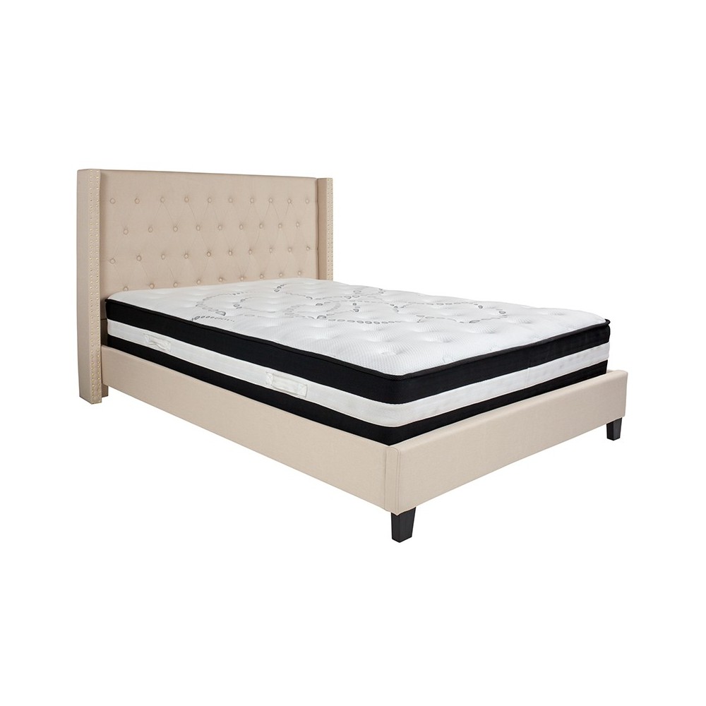 Riverdale Queen Size Tufted Upholstered Platform Bed in Beige Fabric with Pocket Spring Mattress