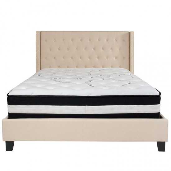 Riverdale Queen Size Tufted Upholstered Platform Bed in Beige Fabric with Pocket Spring Mattress