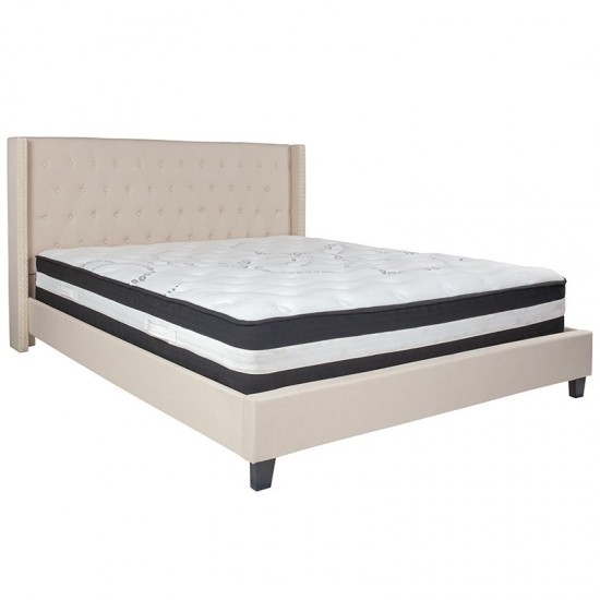 Riverdale King Size Tufted Upholstered Platform Bed in Beige Fabric with Pocket Spring Mattress