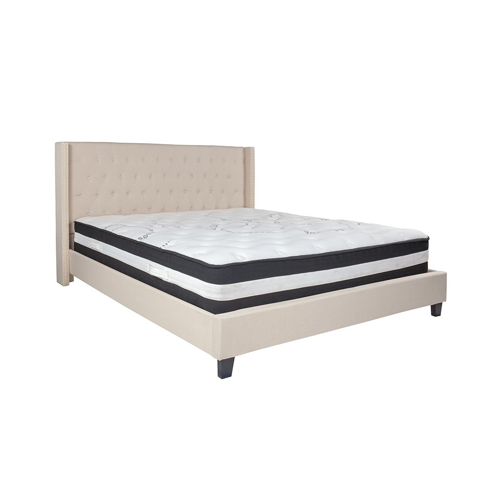 Riverdale King Size Tufted Upholstered Platform Bed in Beige Fabric with Pocket Spring Mattress