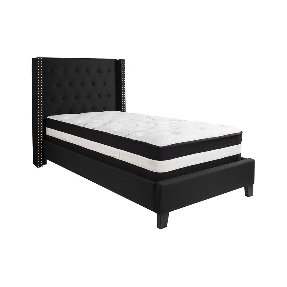 Riverdale Twin Size Tufted Upholstered Platform Bed in Black Fabric with Pocket Spring Mattress