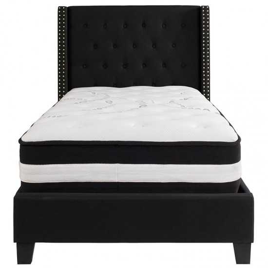 Riverdale Twin Size Tufted Upholstered Platform Bed in Black Fabric with Pocket Spring Mattress