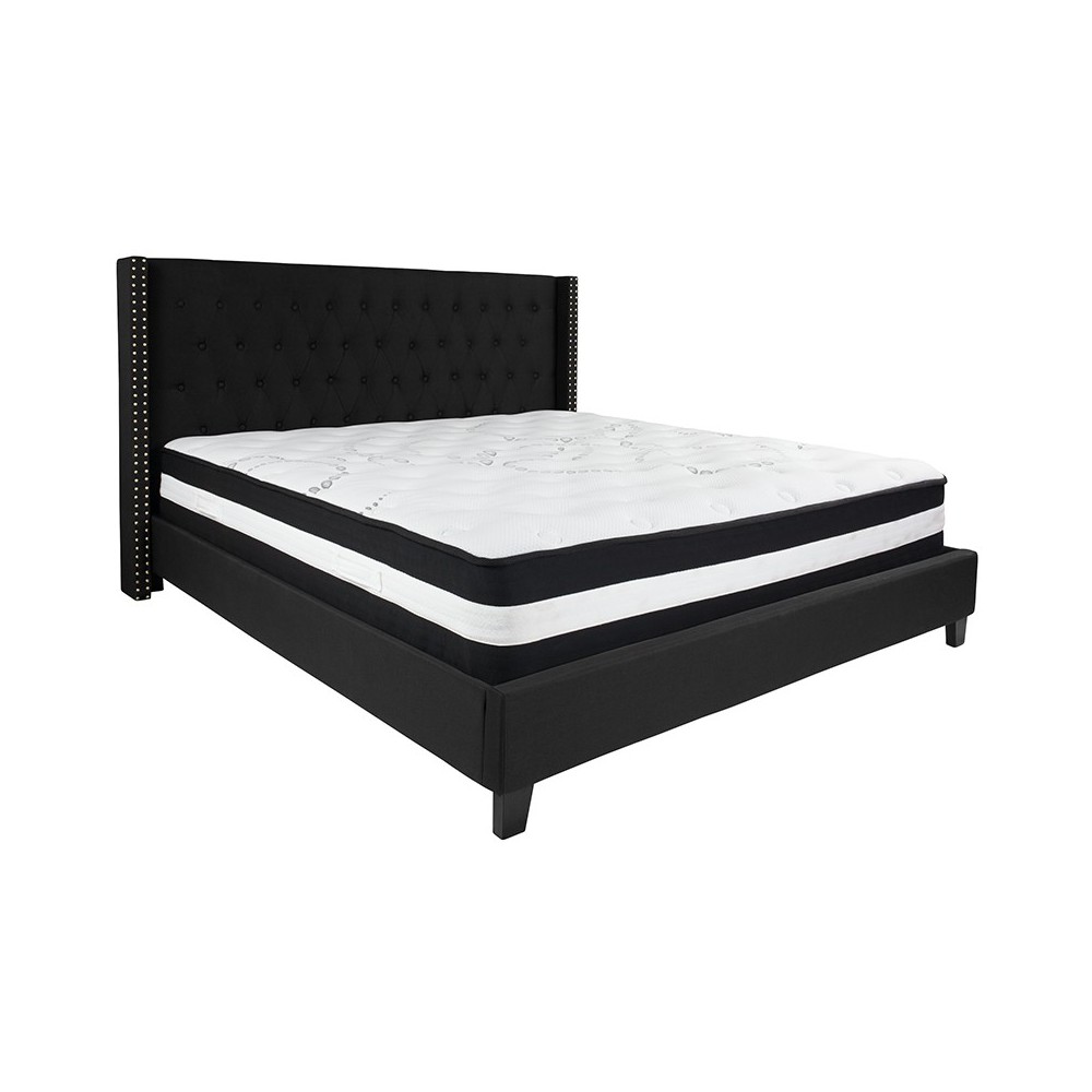 Riverdale King Size Tufted Upholstered Platform Bed in Black Fabric with Pocket Spring Mattress Riverdale King Size Tufted Upholstered Platform Bed in Black Fabric with Pocket Spring Mattress