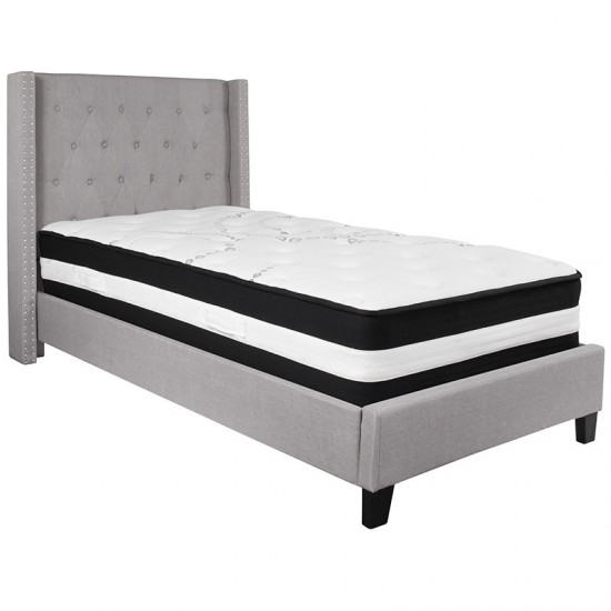 Riverdale Twin Size Tufted Upholstered Platform Bed in Light Gray Fabric with Pocket Spring Mattress