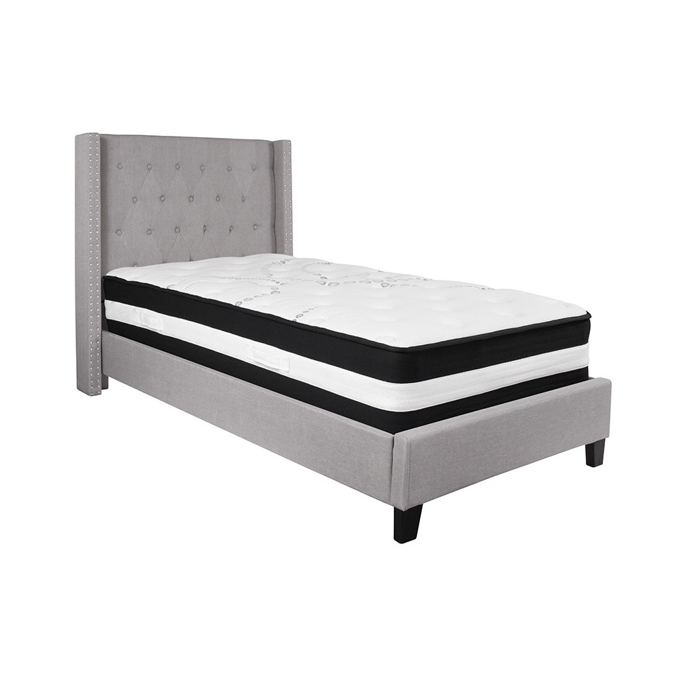Riverdale Twin Size Tufted Upholstered Platform Bed in Light Gray Fabric with Pocket Spring Mattress Riverdale Twin Size Tufted Upholstered Platform Bed in Light Gray Fabric with Pocket Spring Mattress