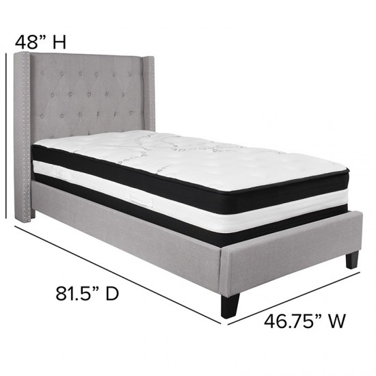 Riverdale Twin Size Tufted Upholstered Platform Bed in Light Gray Fabric with Pocket Spring Mattress