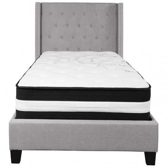 Riverdale Twin Size Tufted Upholstered Platform Bed in Light Gray Fabric with Pocket Spring Mattress