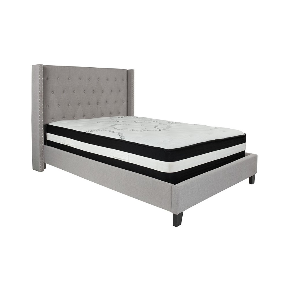 Riverdale Full Size Tufted Upholstered Platform Bed in Light Gray Fabric with Pocket Spring Mattress