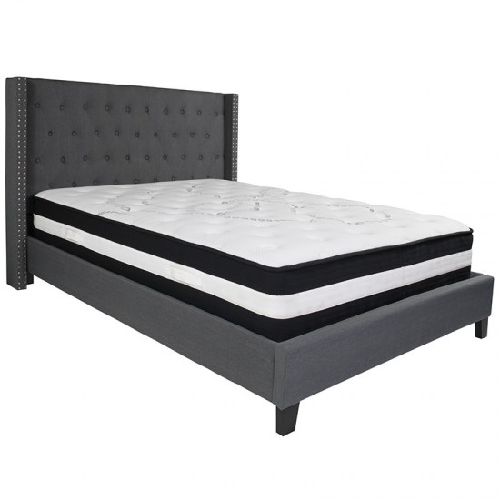 Riverdale Queen Size Tufted Upholstered Platform Bed in Dark Gray Fabric with Pocket Spring Mattress