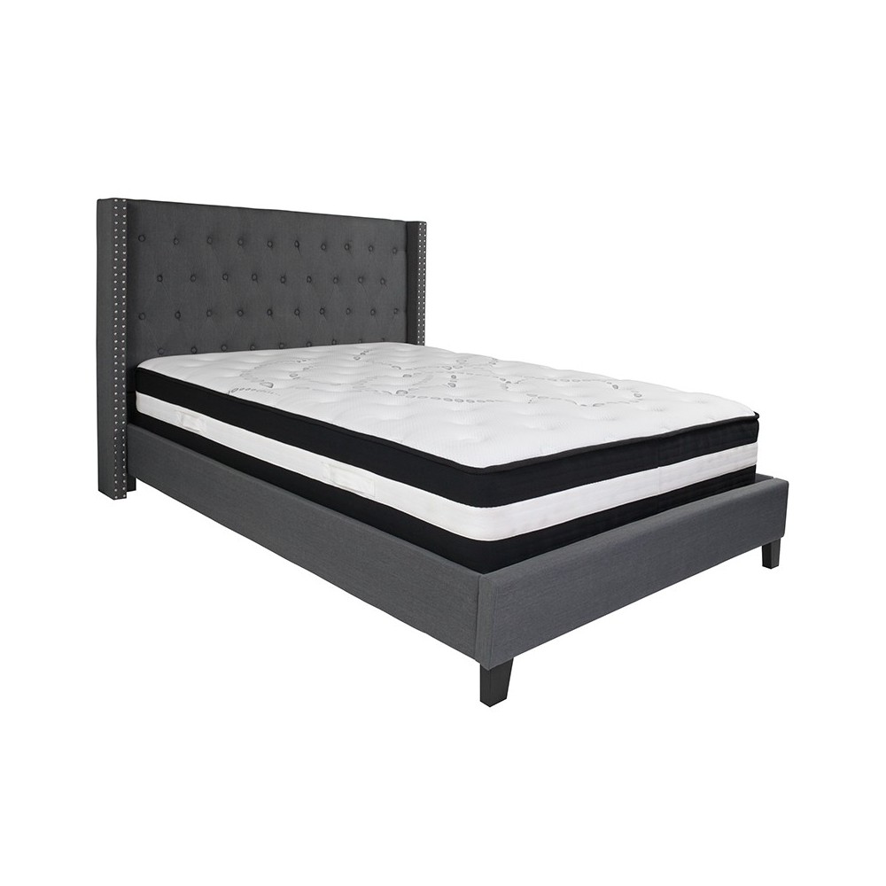 Riverdale Queen Size Tufted Upholstered Platform Bed in Dark Gray Fabric with Pocket Spring Mattress