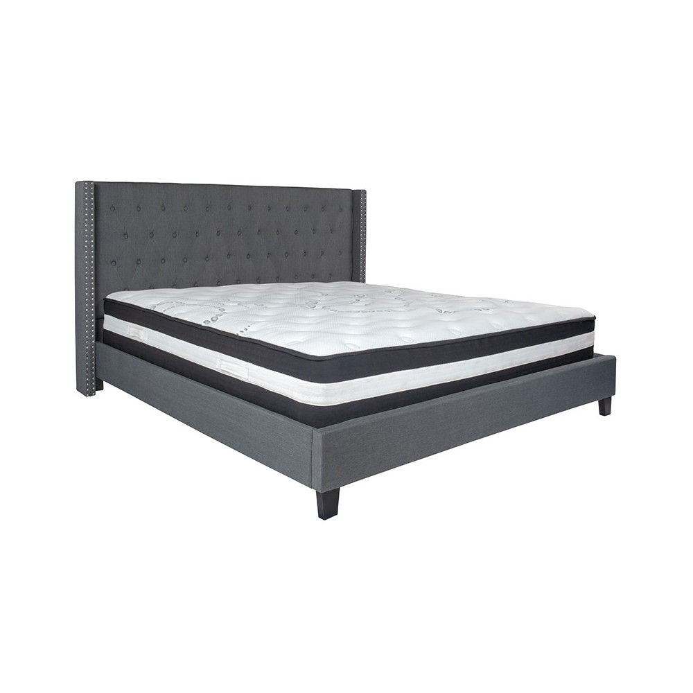 Riverdale King Size Tufted Upholstered Platform Bed in Dark Gray Fabric with Pocket Spring Mattress