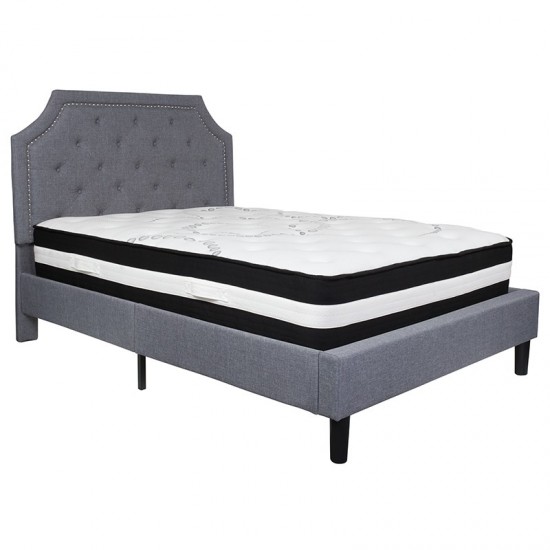 Brighton Full Size Tufted Upholstered Platform Bed in Light Gray Fabric with Pocket Spring Mattress