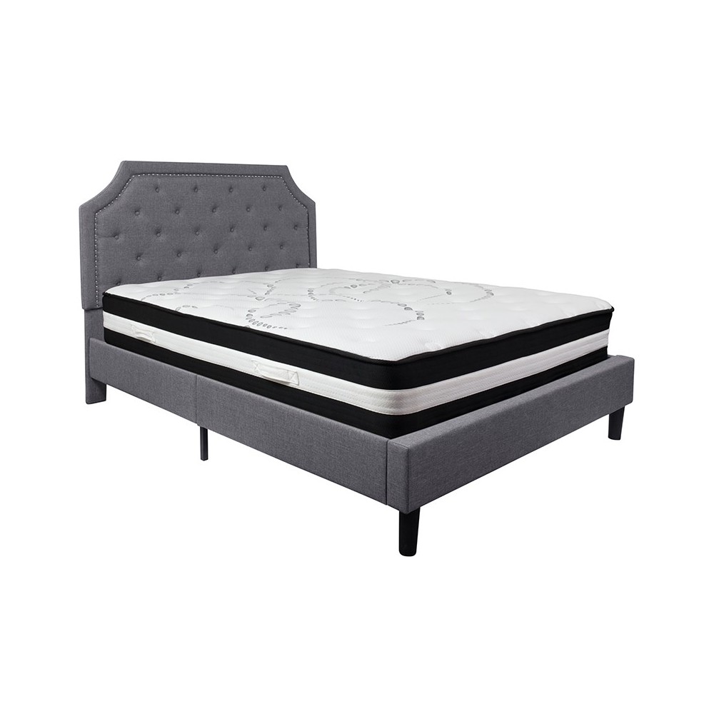 Brighton Queen Size Tufted Upholstered Platform Bed in Light Gray Fabric with Pocket Spring Mattress