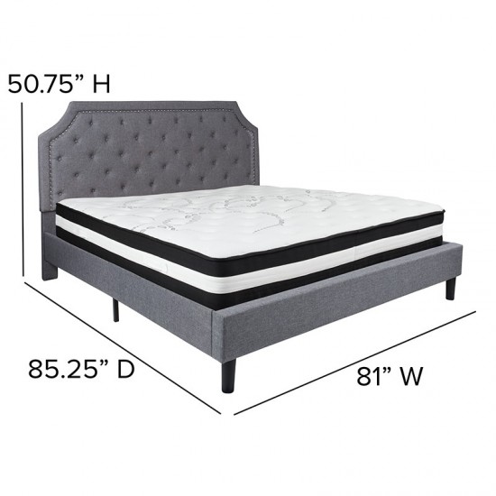 Brighton King Size Tufted Upholstered Platform Bed in Light Gray Fabric with Pocket Spring Mattress
