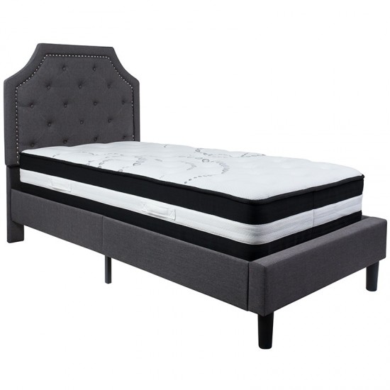 Brighton Twin Size Tufted Upholstered Platform Bed in Dark Gray Fabric with Pocket Spring Mattress